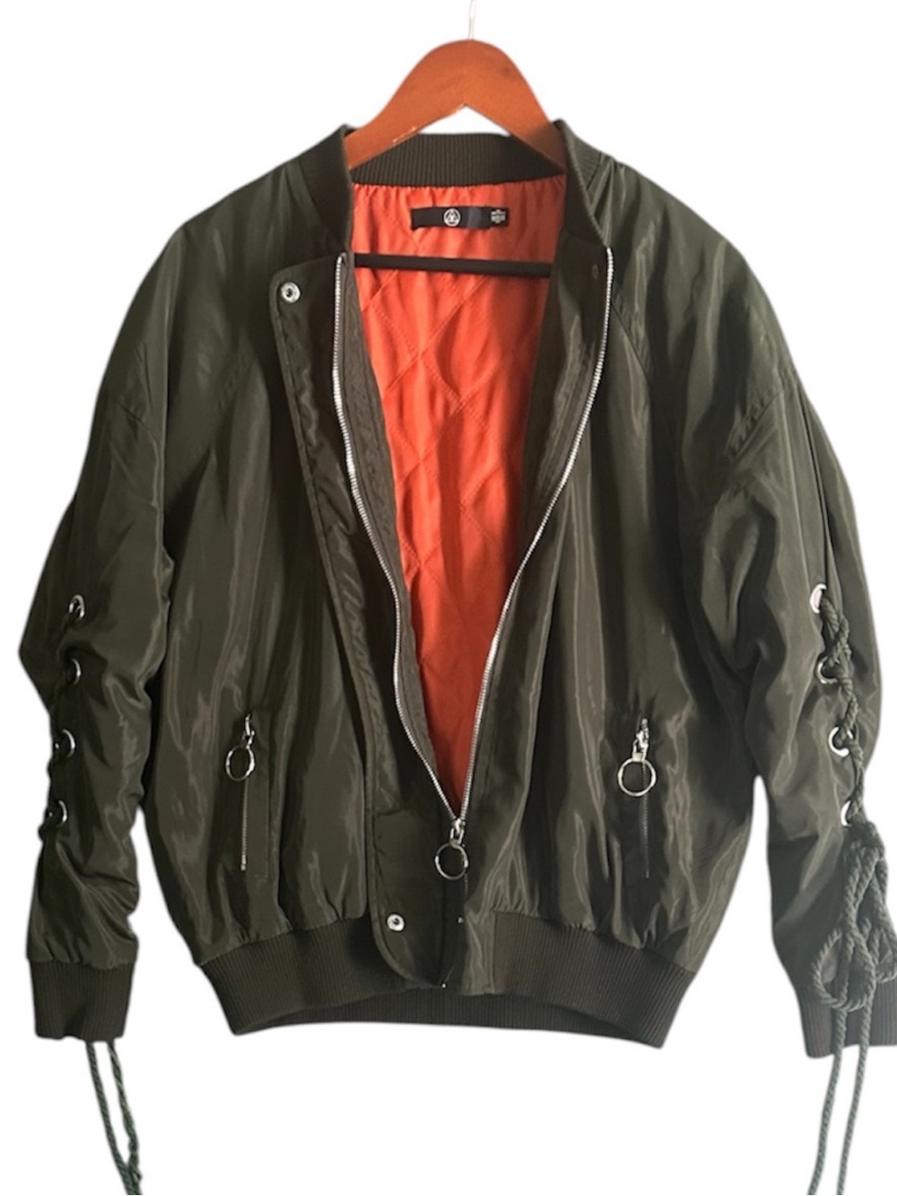 Missguided Olive Green Lace-Up Sleeve Bomber Jacket US 2 UK 6